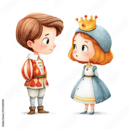 Cute cartoon prince and princess characters facing each other.