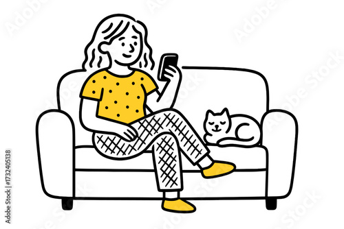 Woman using smartphone on couch with cat. Girl relaxing on sofa holding mobile phone, browsing internet or social media. Doodle character vector illustration. Home leisure.