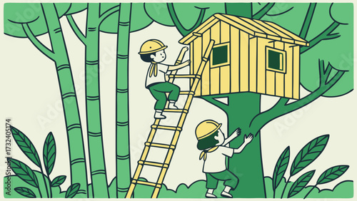 Children explorers a wooden house