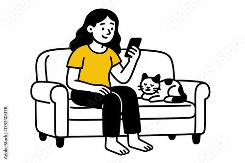 Woman on couch using smartphone. Girl with cat relaxing on sofa. Home leisure lifestyle concept. Mobile phone communication. Social media browsing. Doodle character vector isolated.