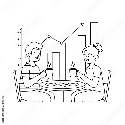Smiling man and woman drinking coffee at outdoor cafe discussing business growth with upward trending graph in the background, showcasing a positive business meeting.