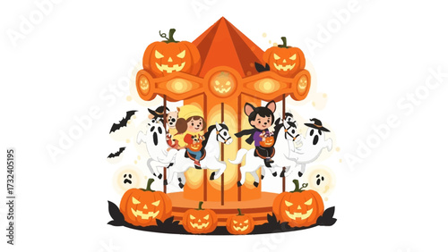Halloween Carousel of Fun: Whimsical Halloween carousel scene filled with happy children in costumes and a pumpkin theme. Capturing the essence of autumn festivities.