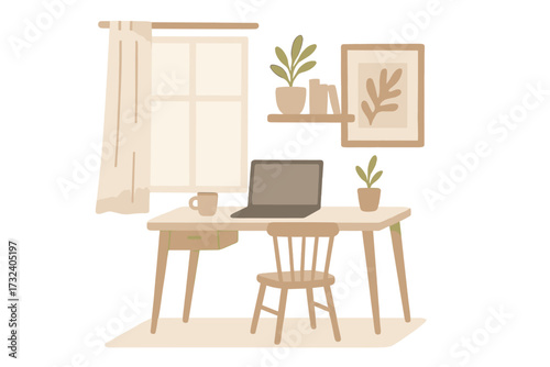 Home office interior in Scandinavian style. Modern workplace for remote work, freelance. Cozy desk with laptop, chair, plants. Lagom hygge concept. Vector illustration.