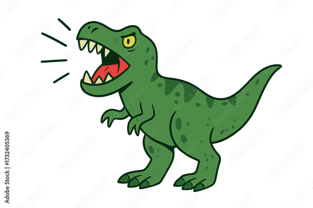 Naklejka premium Terrible roaring green dinosaur cartoon, T-rex with sharp teeth and claws, hand-drawn vector illustration for t-shirt, textile, kids design, prehistoric reptile art