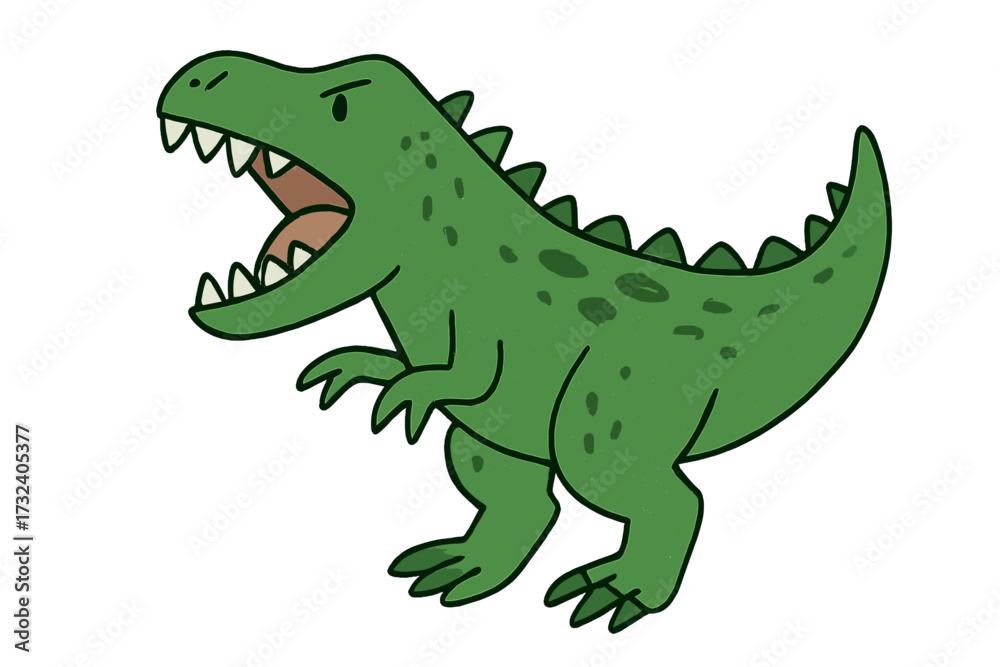 Fototapeta premium Terrible roaring green dinosaur cartoon, scary prehistoric T-Rex vector illustration for kids, hand-drawn reptile, funny animal print, t-shirt and textile design flat isolated