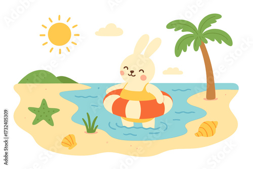 Cute rabbit with inflatable swimming ring enjoying summer holiday at sandy beach with palm tree, sun, seashells, starfish, and sea waves, flat vector cartoon illustration