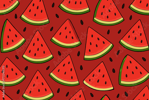 Summer watermelon seamless background pattern with juicy sliced watermelon pieces and black seeds on vibrant red backdrop, hand-drawn flat vector cartoon summer fruit design