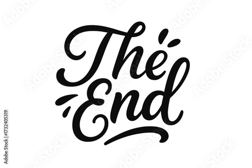 Elegant handmade calligraphy "The End" lettering in black on white background, classic vintage script design for posters, logos, cinema, movies, cards, banners, decoration