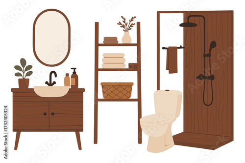 Modern cozy bathroom interior with wooden furniture. Scandinavian, Japandi, and Hygge style home decor. Vector illustration of a toilet, sink, shower, and decorations.