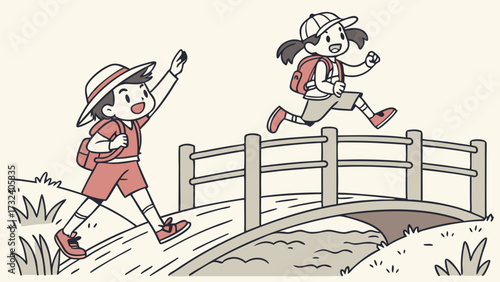 Children explorers jump on the bridge