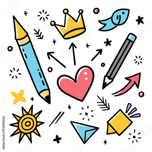 Creative doodles with pencils crown heart and sun on black background doodle, illustration, drawing, art, design, icon, symbol, creative, imagination, idea, concept, pencil, pen, crown, heart, sun