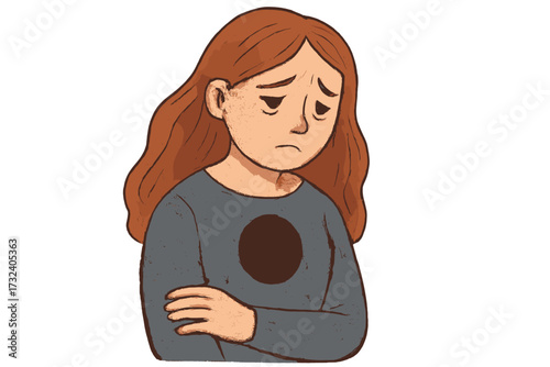 Sad woman with a hole in her chest. Metaphor for grief, depression, loss. Emotional pain, burnout, anxiety concept. Mental health problem. Hand drawn vector character art.