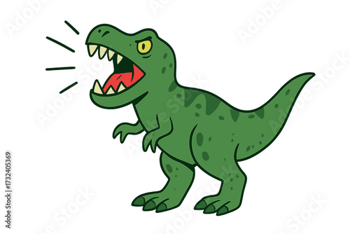 Terrible roaring green dinosaur cartoon, T-rex with sharp teeth and claws, hand-drawn vector illustration for t-shirt, textile, kids design, prehistoric reptile art
