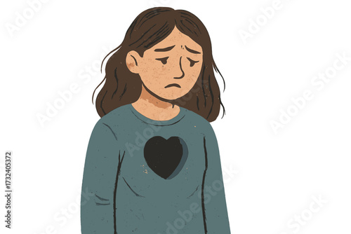 Sad young woman with a heart-shaped hole in chest. Metaphor for grief, depression, mourning, bad feelings. Concept for mental health, loneliness, and emotional pain.