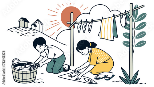 Childrens explorers drying fish