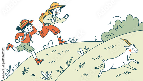 Childrens explorers chasing goat