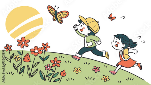 Childrens explorers chasing butterfly