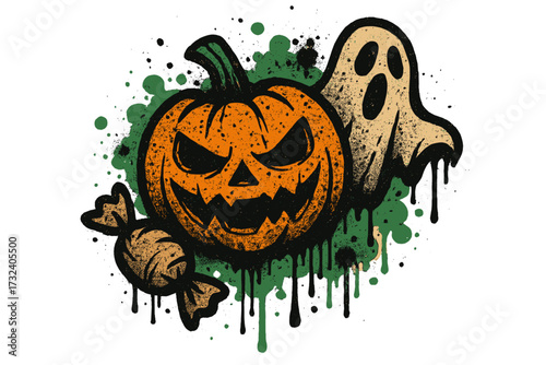 Halloween trick or treat graffiti lettering with spooky jack-o-lantern pumpkin, ghost and candy in grunge street art style, textured vector illustration for t-shirt design, greeting card, and poster