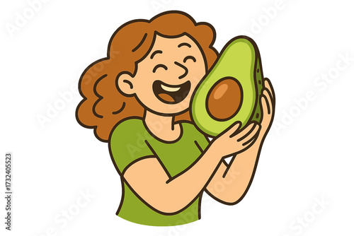 Funny woman hugging a giant avocado. Healthy food concept for a 100% vegan or vegetarian diet. Cute cartoon character for a healthy lifestyle vector illustration.