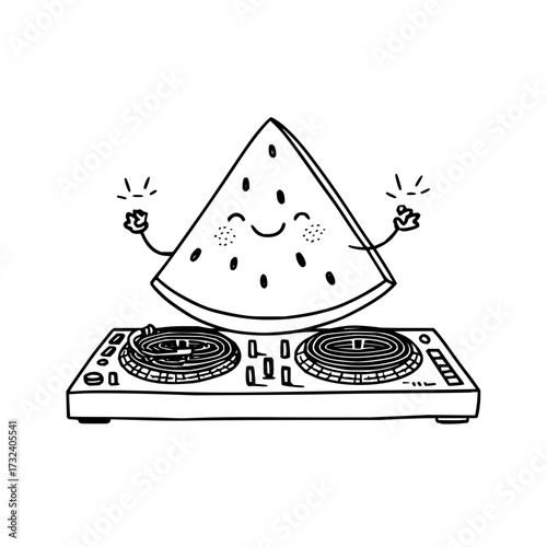 Cute watermelon dj playing music on turntable vector illustration drawing for kids and adults design