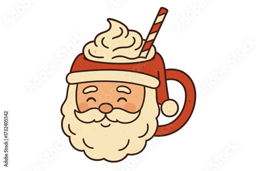 Santa Claus head mug with hot winter drink, whipped cream and striped straw. Festive cup for coffee, cocoa, or chocolate. Christmas vector flat hand drawn isolated illustration.