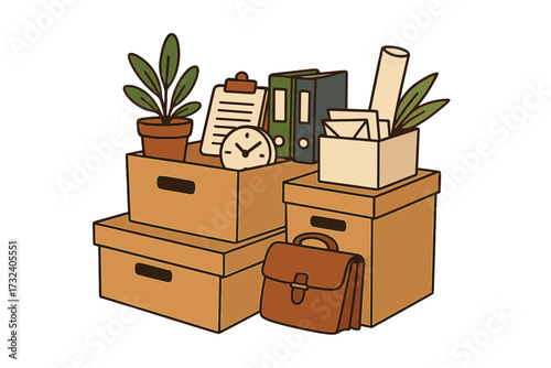Hand drawn flat style vector illustration of cardboard boxes packed with office items, plants, documents, clock and briefcase, corporate moving and office relocation concept, work organization