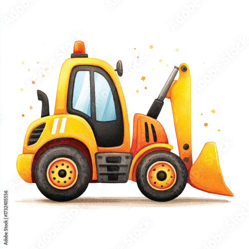 Cute cartoon yellow backhoe loader construction vehicle.