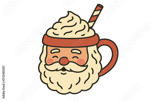 Santa Claus head mug with a hot winter drink. Christmas cup with whipped cream and candy cane straw. Cute vector illustration for the holiday season. Festive cartoon character.