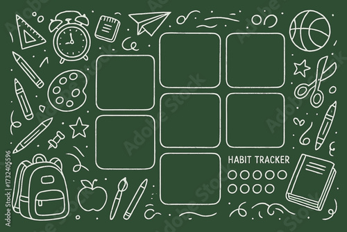 Weekly planner for kids on green chalkboard background with doodle school supplies and stationery items, timetable organizer, habit tracker, extracurricular activities vector illustration