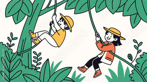 Childrens explorers hanging on tree