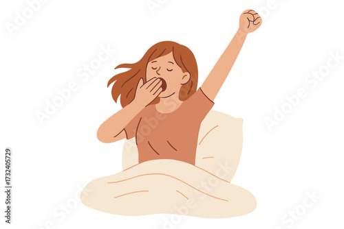 Young woman waking up in bed yawning, morning routine, start good day concept, sleepy girl stretching in bed, cozy bedroom scene, flat hand-drawn vector illustration