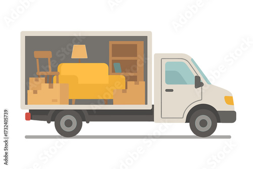 Moving truck full of furniture and cardboard boxes, relocation van for home and office moving, side view delivery vehicle for transporting goods and household items, vector flat illustration
