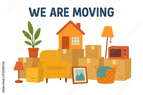 We Are Moving Lettering Text with Home Furniture, Moving Boxes, Plant, Lamp, Basket, and Microwave Illustration for Relocation and Moving Service Concept
