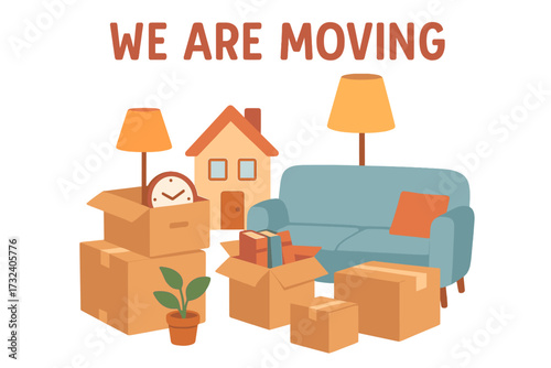 We are moving lettering text with home furniture, unpacked boxes, clock, plant, blue sofa and lamps. Colorful house items, relocation concept, moving day and cargo business