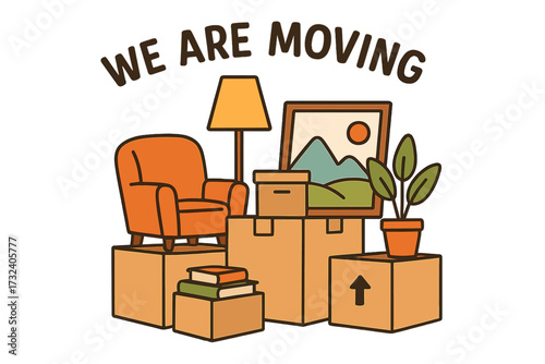We are moving lettering text with home furniture, moving boxes, packed belongings, house relocation concept, cargo and moving business, colorful household items illustration