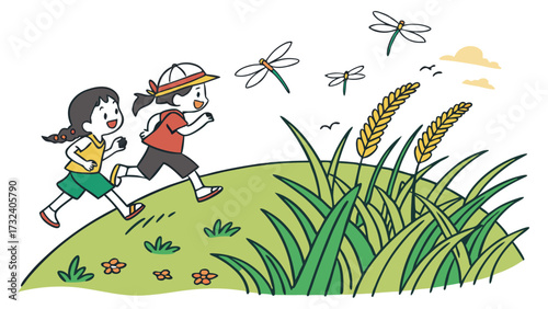 Adventurous child chasing dragonflies