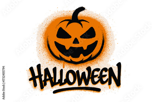 Halloween graffiti jack o lantern. Spooky spray paint pumpkin. Scary face street art. Urban holiday lettering. Grunge vector design element. October party aerosol illustration.
