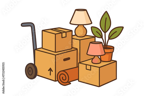 Moving day concept with household items. Cardboard boxes, furniture, and plant on a hand truck. Relocation, new home, packing and moving service vector illustration.