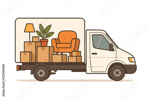 Moving truck with furniture for relocation service concept. Delivery van transporting cardboard boxes, armchair, and plant to a new home. House moving and freight logistics vector.