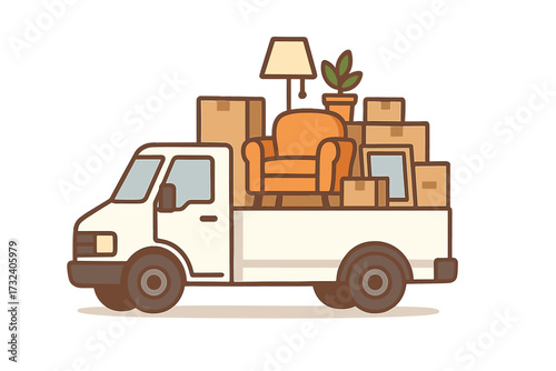 We've moved concept with moving truck. Relocation service vector. Delivery van loaded with furniture, boxes, stuff. House moving transport for new home or apartment change.