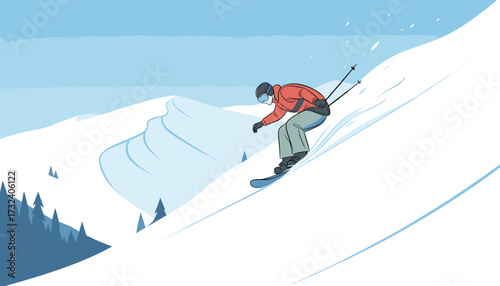 Skier descending a steep snowy mountain slope on a clear winter day