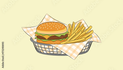 Classic cheeseburger and french fries in a fast food basket