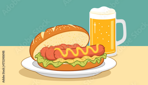 Hot dog with mustard and a frothy mug of beer