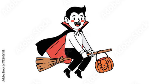 Happy Halloween Boy on Broom: A cheerful illustration captures a young boy joyfully flying on a broom, embodying the spirit of Halloween with festive attire and a pumpkin basket in hand.