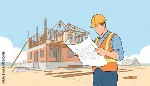 Construction site engineer reviewing blueprint plans