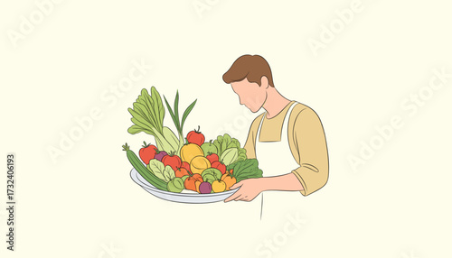 Man holding a platter of fresh fruits and vegetables