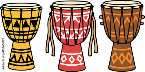 Colorful African Djembe Drum Set with Tribal Patterns, Cartoon Vector Ethnic 