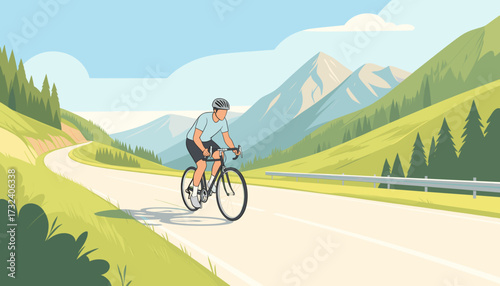 Cyclist riding a road bike on a winding mountain road in summer