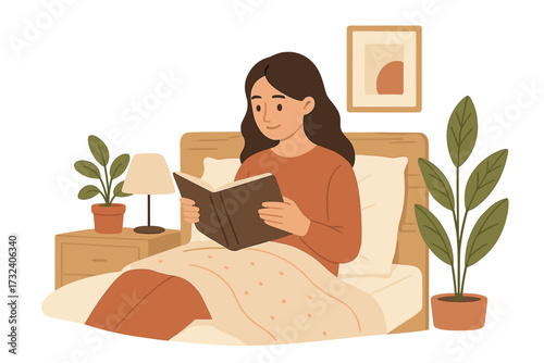 Cozy Scandinavian bedroom scene with young woman reading book in bed, relaxed girl sitting with blanket, modern home interior comfort, peaceful bedtime routine concept