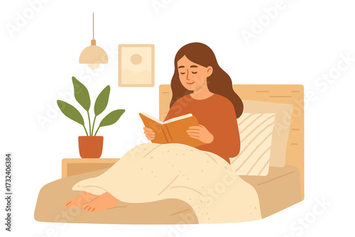 Young woman reading book in bed, cozy girl relaxing on bed with blanket, Scandinavian bedroom interior, modern home comfort, peaceful home relaxation concept